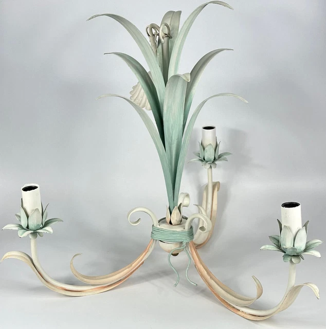 Vintage French X Large Metal Toleware 3 Arm Ceiling Light with Coloured Leaves Vintage French X Large Metal Toleware 3 Arm Ceiling Light with Coloured Leaves
