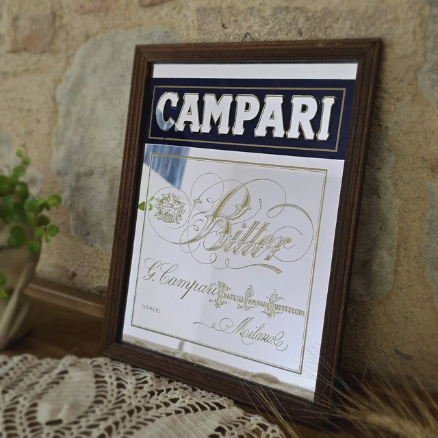Miroir Publicitaire Campari Bitter – Vintage, Cadre Bois Marron, 33x25 Cm