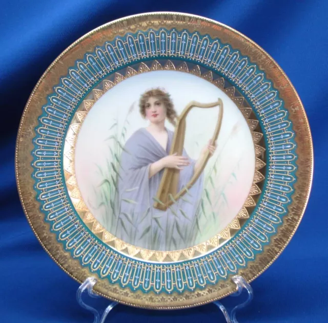 Hand-Painted Signd Wagner Portrait Plate Woman W/ Harp Heavy Gold & Lavender