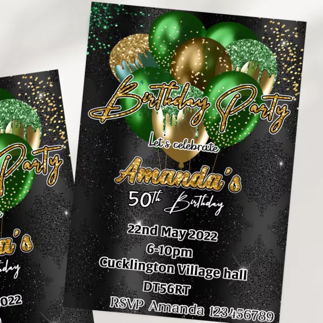 Emerald Green, Gold, Black Birthday Party Invitations, 18th 21st 30th 40th 50th