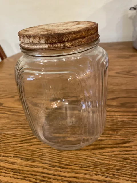 Vintage HAZEL ATLAS Ribbed Corners Clear Glass Hoosier Cabinet Jar w/Rusty Lid