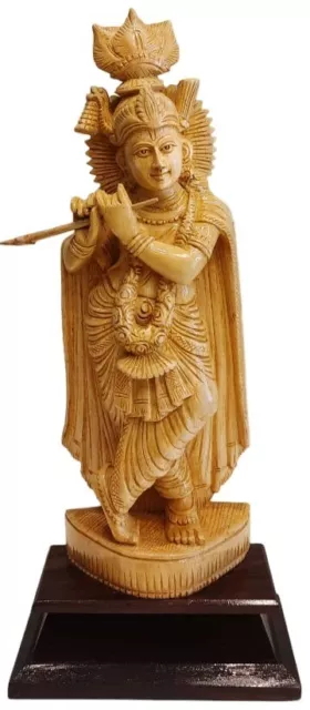 Hand Carved Wooden Lord Krishna Statue  for Home Office Temple Decor
