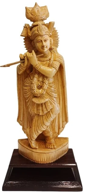 Hand Carved Wooden Lord Krishna Statue  for Home Office Temple Decor