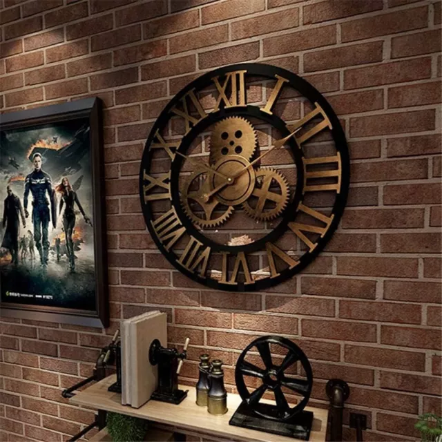 Large Wall Clock Roman Numeral Gold Open Face for Living Room Bar Silent 60cm