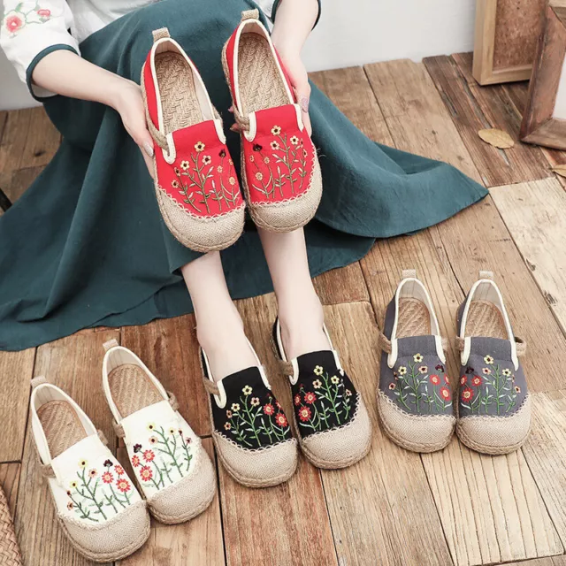 Women's Chinese Ethnic Shoes Floral Embroidery Canvas Linen Slip on Loafers