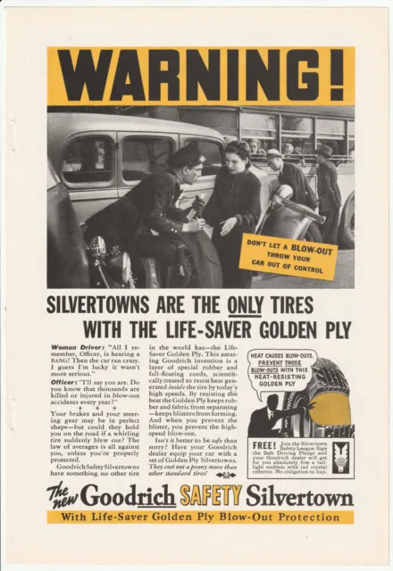 1936~Goodrich Silvertown Tires~WARNING!~Vintage Print 30s Car Advertisement