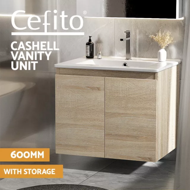 Cefito Vanity Unit 600mm Basin Bathroom Cabinet Storage Wall Hung Sink Oak