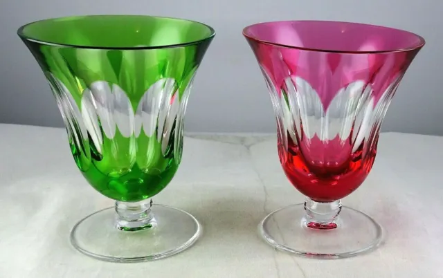 Vintage Pair Crystal Cordial Glasses Red & Green Cut to Clear Panels