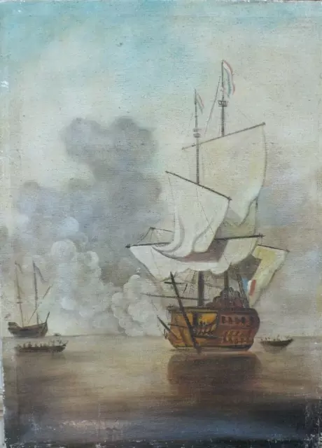 Grande quadro dipinto ad olio battaglia cm 121 X 88,5 velieri in mare fiammingo