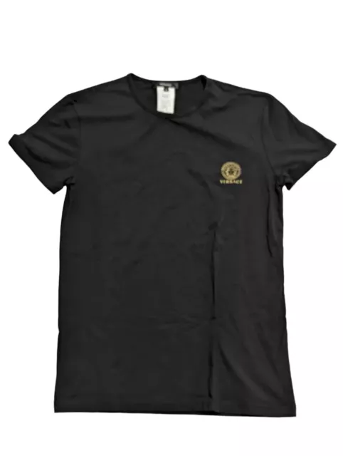 VERSACE Crew Tshirt Golden Mini Medusa Logo Chest Men's Black Tee M NEW RRP 75