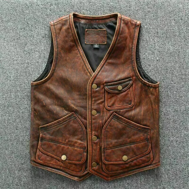 Men's Biker Vintage Tan Brown Vintage Real Leather Motorcycle Vest Jacket