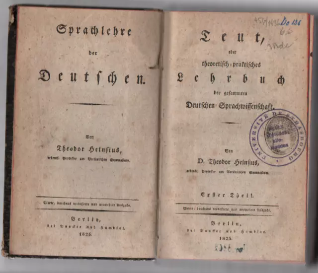 1825 Teut oder Lehrbuch der deutschen Sprachwissenschaft v Theodor Heinsius