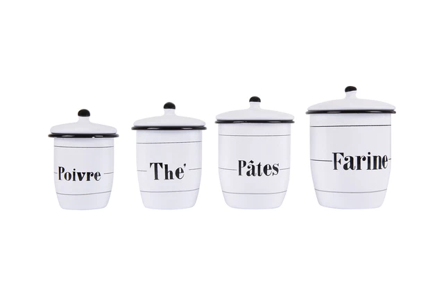Enameled White Canisters with French Writing & Black Rims (Set of 4 Sizes)