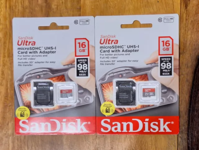 New 2 X 16GB SanDisk MicroSDHC UHS-I Card Class 10 Read Speed Up To 98MB/s