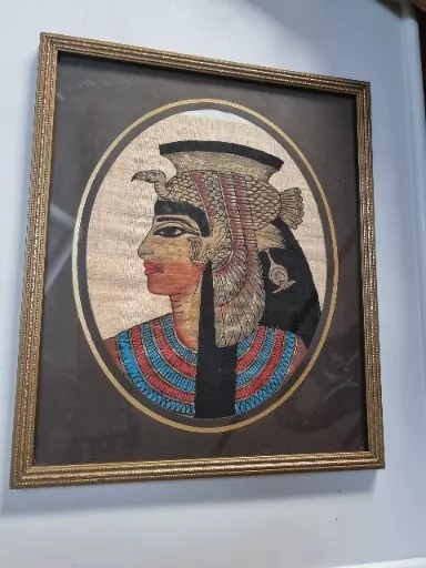 🌟Vintage Framed Egyptian Papyrus Hand Painted Art - Queen Cleopatra🌟