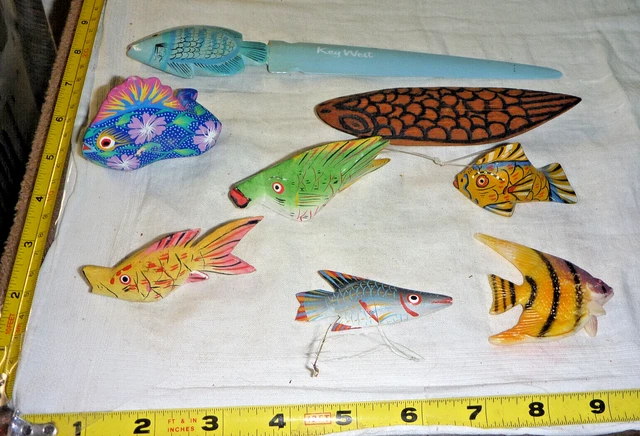 Lot of 8 Vtg Hand Carved/Painted Wood FISH -6 Figurines, 1 Ltr Opener & 1 Magnet