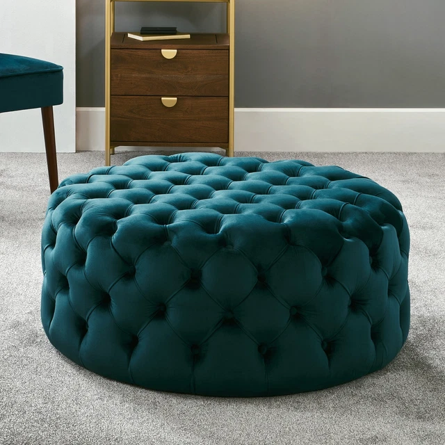 Blau Luxus Samt Pouffe Wohnzimmer Rund Fußhocker geknöpft Sitzsack Pouf