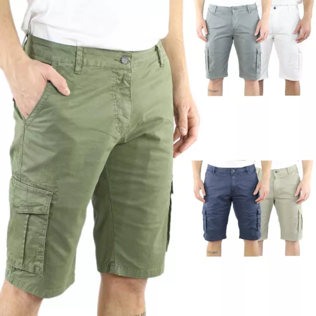 Bermuda Uomo Cargo Cotone Pantalone Corto Jeans Tasconi Laterali  Shorts Casual