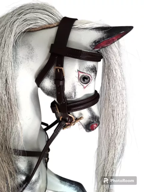 Small handmade Stitched Bridle For Rocking Horse Brown Leather Brass Fittings