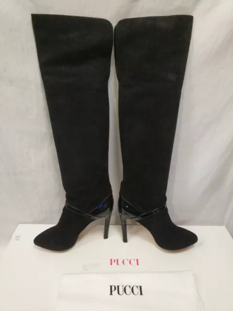 Emilio Pucci Black Suede and Pat Leather Over the Knee Boots NOS