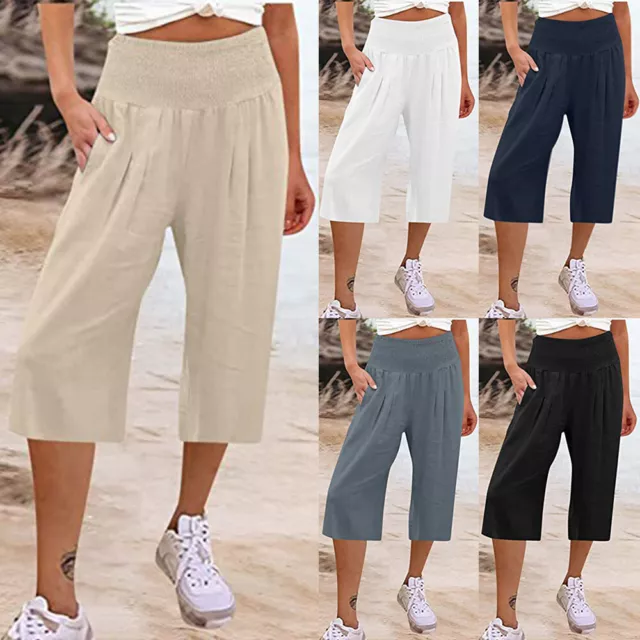 Pantaloncini donna in lino vita alta lunghezza 3/4 gamba larga tinta unita: