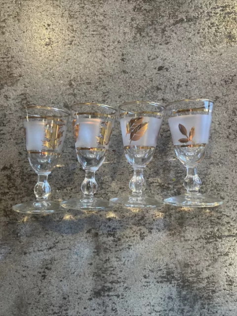 FOUR Libbey GOLDEN FOLIAGE 3 3/8 Cordial Amaro Stemmed Glasses Gold Leaf MCM VTG