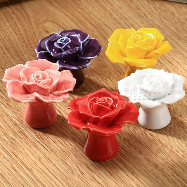 Fashion Ceramic Rose Flower Drawer Kitchen Cabinet Vintage Door Knob Handle