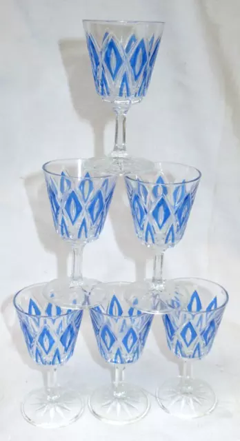 VMC Reims France Blue Diamond Cut Crystal Stemmed Glasses Shot Nip Set of 6