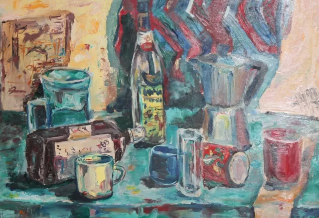 Modernist  oil painting still life with bottles, mugs and coffee pot