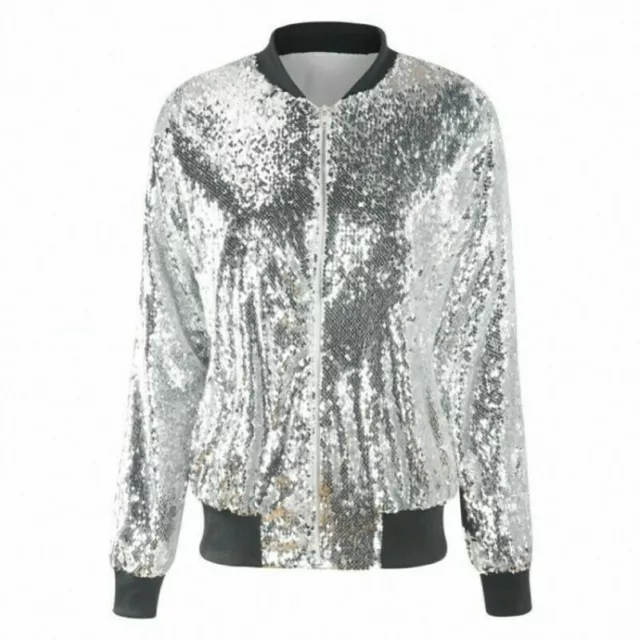 Donna Paillettes e Lustrini Bomber Giacca Cappotto Lucido Baseball Biker Maglia