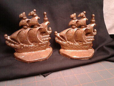 Antique Pair of Cast Iron Gold and Copper Galleon Ship Bookends 1890s Era