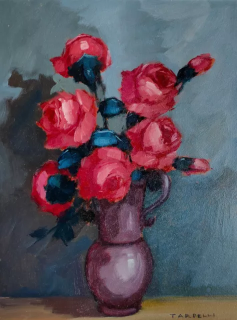 Old Painting Vase Roses Flowers Vintage Painting Tardelli Italian Painter