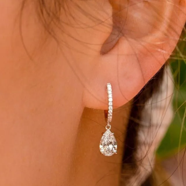 3 Ct Pear Cut Simulated Diamond Drop/Dangle Earrings 14k White Gold Plated