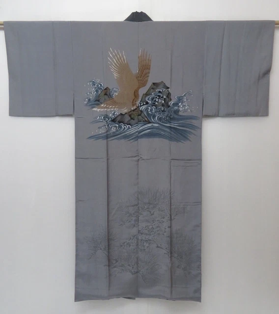 1709T09z470 Vintage Japanese Kimono Silk Men's JUBAN Hawk Gray