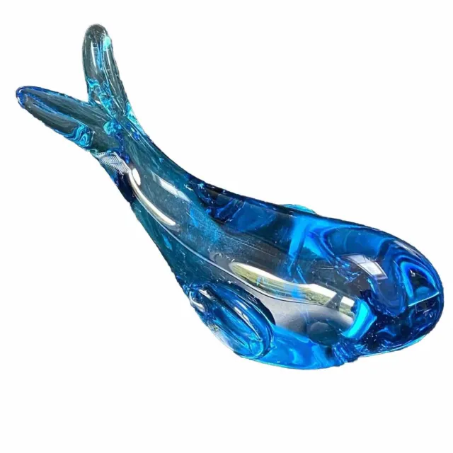 Vintage Art Glass Paperweight Blue Whale Figurine Sculpture
