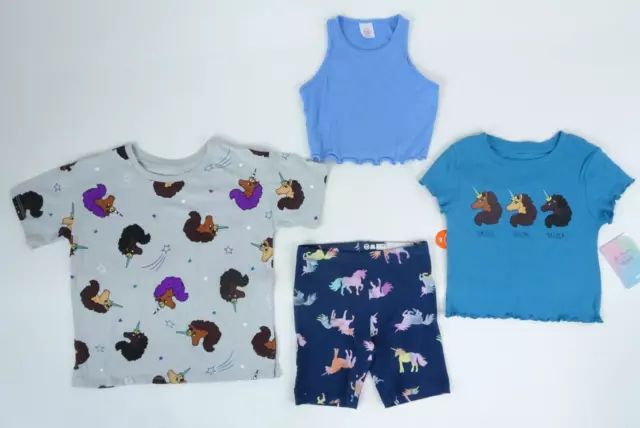 Girls Lot 4 Afro Unicorn Wonder Nation T-Shirts Shorts Outfit Set Size M 7/8 NEW
