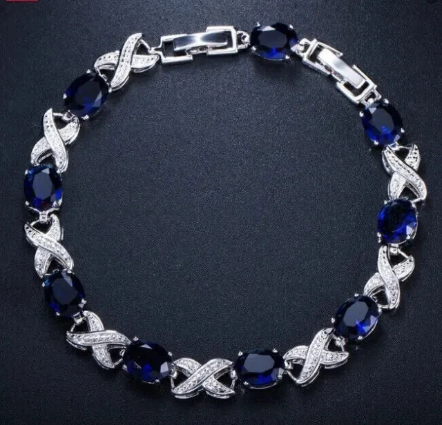 8.00 Ct Oval Cut Simulated Blue Sapphire Tennis Bracelet 14k White Gold Plated