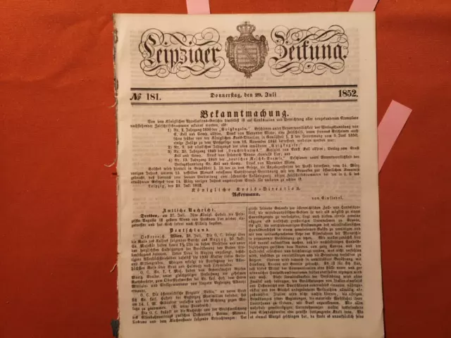 1852 Leipzig Zeitung 181 Penig Sachsen Schlesien Eisenbahn Marienberg