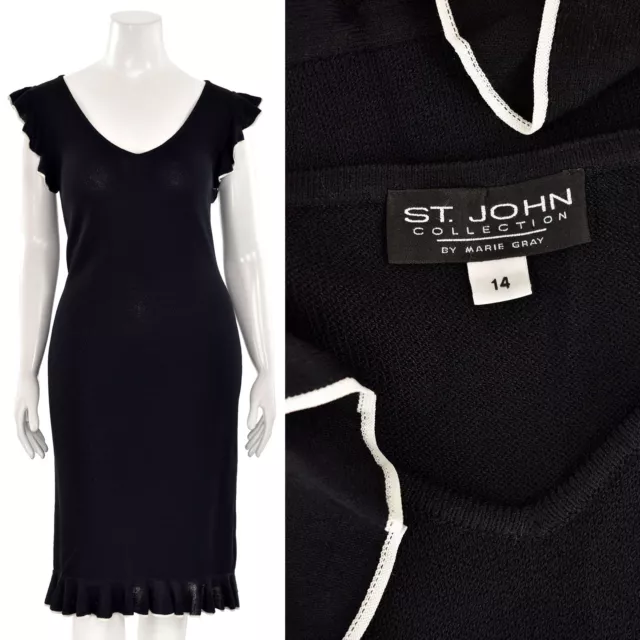 St. John Collection Ruffled Santana Knit Sheath Dress in Black/White sz 14