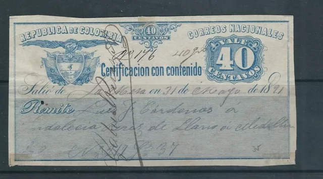 Colombia 1891 Assicurato Valore Francobollo 40 Centavos Usato