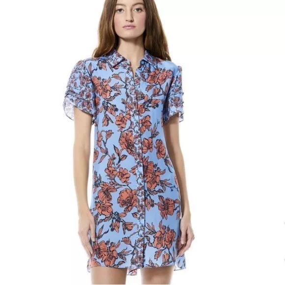 NWOT Alice & Olivia Jem Sketch Floral Tropical Button Down Shirt Dress Medium