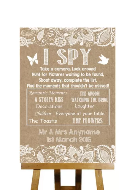 Burlap & Lace Effect I Spy Disposable Camera Photos Personalised Wedding Sign