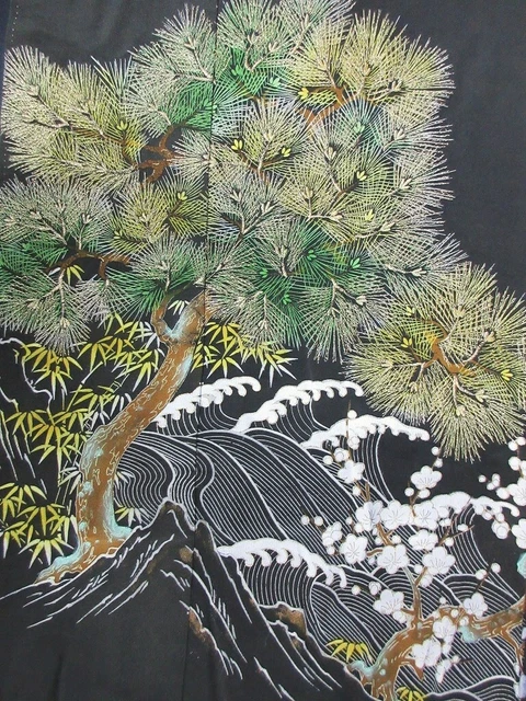 TF#51a90 Silk Tomesode Fabric Vintage Pine Tree 43.3x13.8in(110x35cm)