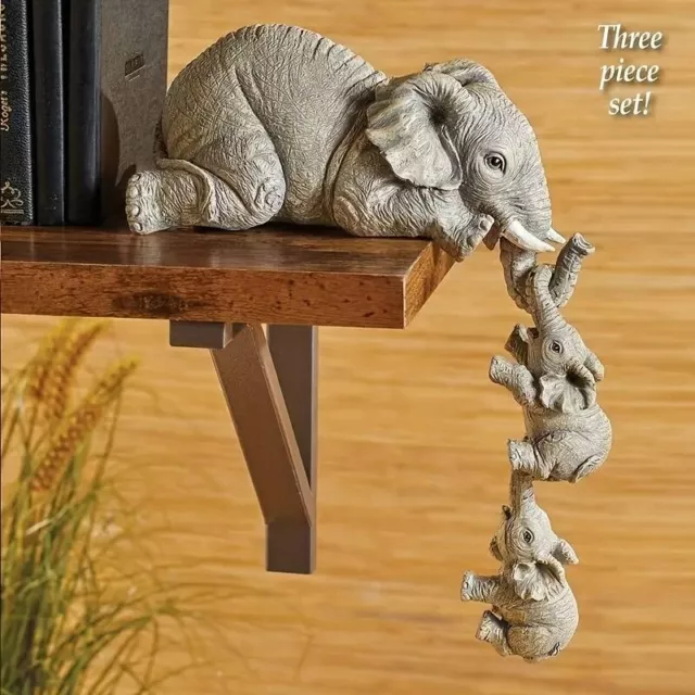 EXA 3pcs/set Cute Elephant Figurine Mother Hanging Two Babies Small Statue UK