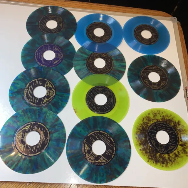 Bulk Lot Of 11 Coloured 7” Vinyl Records For Art, Crafts Ect. Blue Green