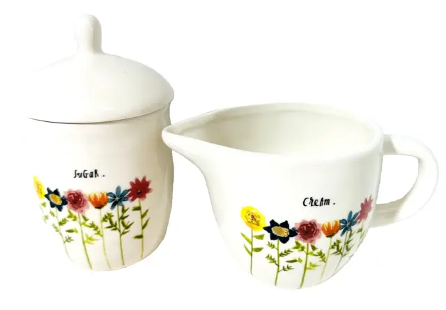 Ivory Floral w/Sayings-Ceramic Sugar Bowl w/Lid and Creamer-RAE DUNN by Magenta