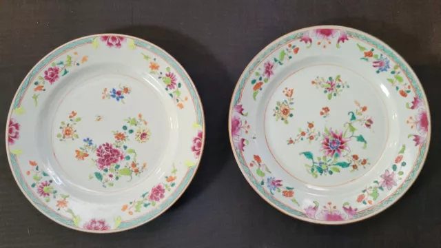 18th C Qianlong Pr  (2) Chinese Famille Rose Porcelain Plates Hand-Painted Peony