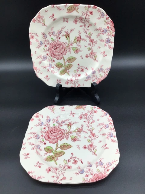 Set of 2 Johnson Brothers Rose Chintz Square Salad Plates 7 3/4"