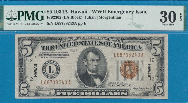 $5.00 1934-A Hawaii Brown Seal Federal Reserve Note  Pmg  Vf 30Epq