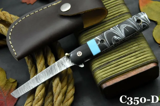 8.0" OAL Custom Hand Forged Damascus Steel Tanto Folding Knife Handmade (C350-D)